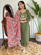 Teeya Creation Green Colour Viscose Chanderi Embroidery Work Fully Stitched Kurti Set - Distacart