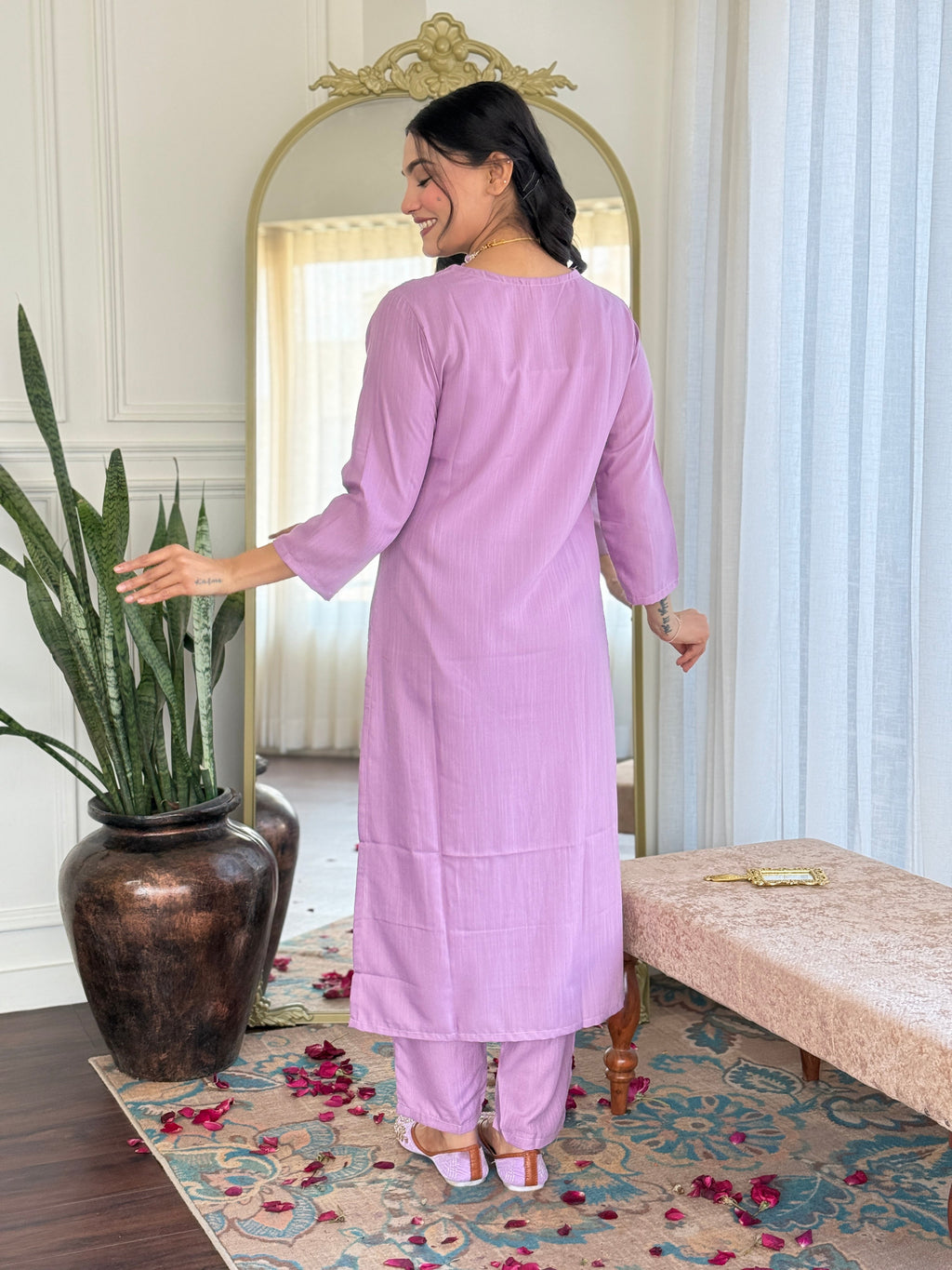 Teeya Creation Baby Pink Colour Viscose Slub Embroidery Work Fully Stitched Kurti Set - Distacart