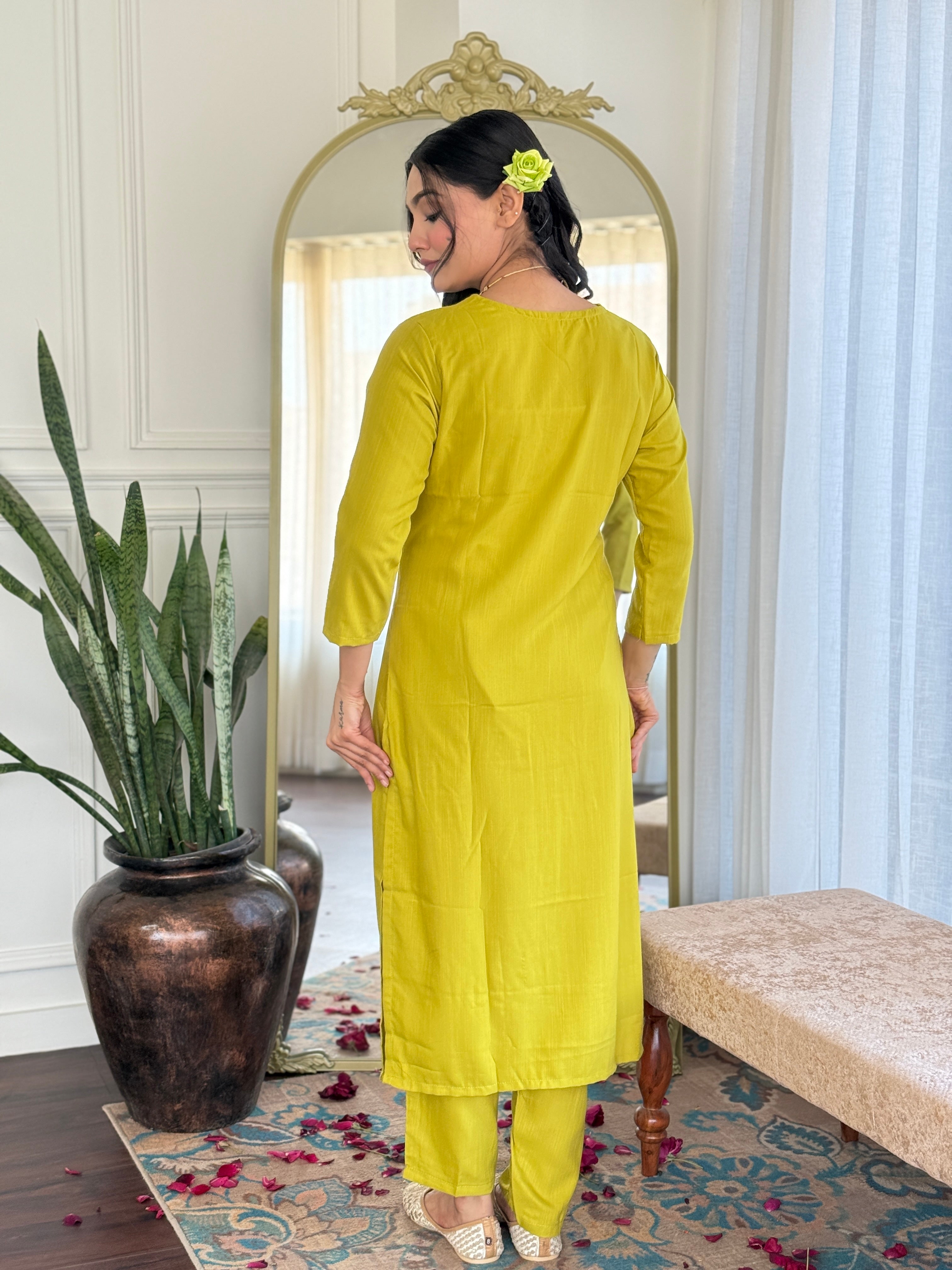 Teeya Creation Liril Colour Viscose Slub Embroidery Work Fully Stitched Kurti Set - Distacart