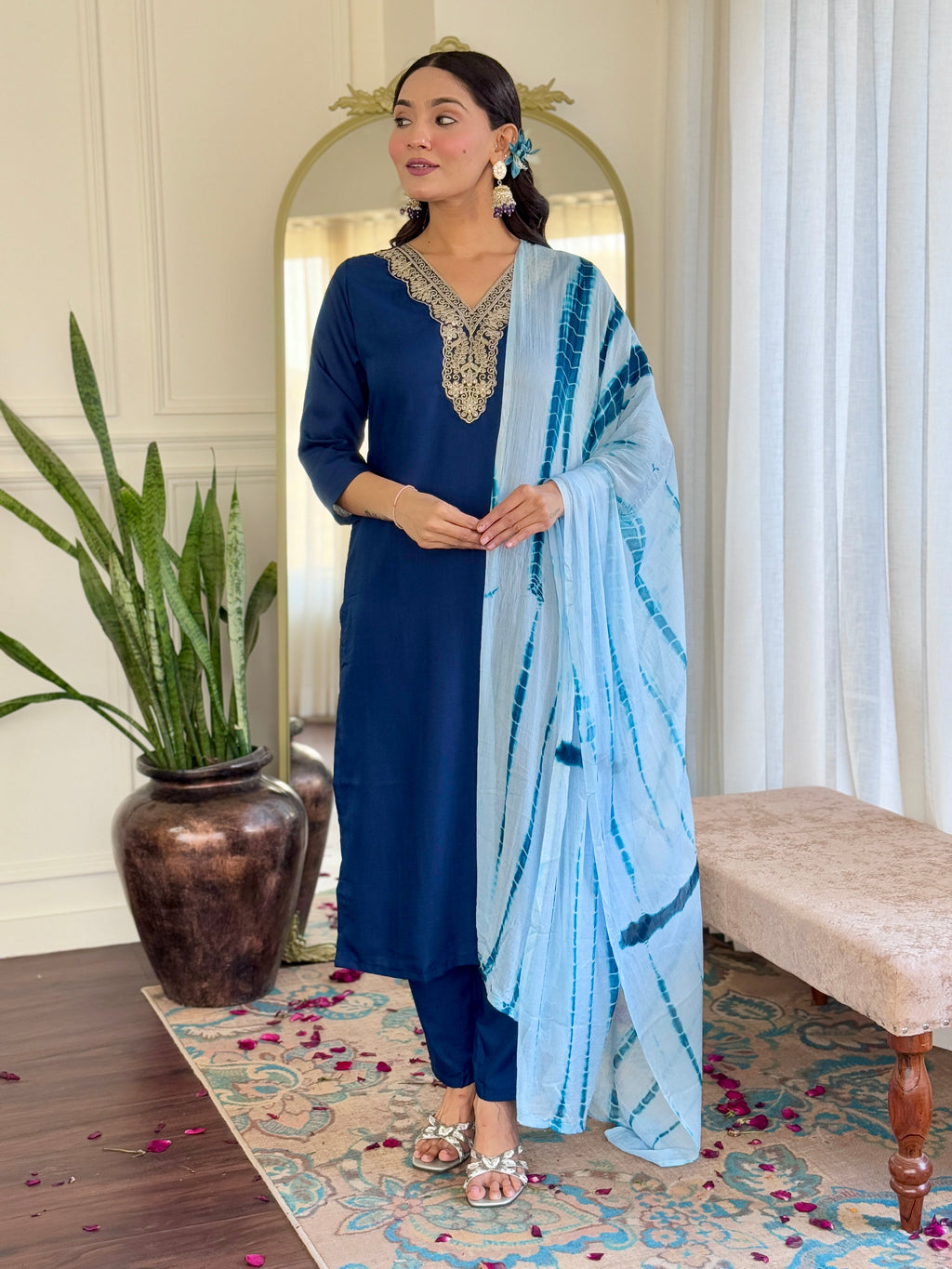 Teeya Creation Blue Colour Viscose Slub Embroidery Work Fully Stitched Kurti Set - Distacart
