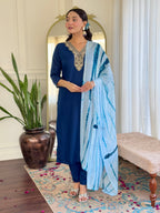 Teeya Creation Blue Colour Viscose Slub Embroidery Work Fully Stitched Kurti Set - Distacart
