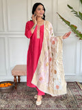 Teeya Creation Pink Colour Viscose Chanderi Embroidery Work Fully Stitched Kurti Set - Distacart