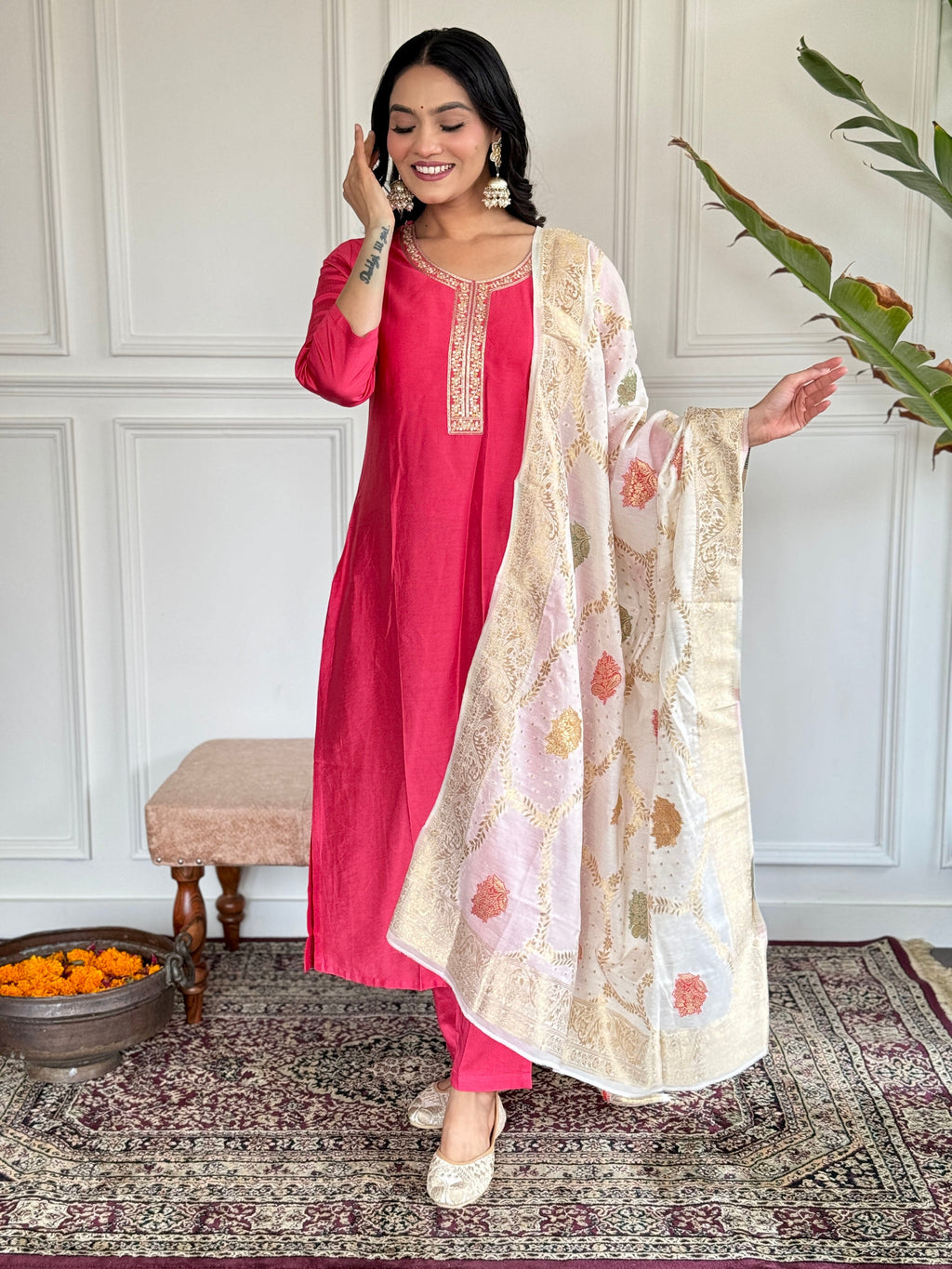 Teeya Creation Pink Colour Viscose Chanderi Embroidery Work Fully Stitched Kurti Set - Distacart