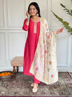 Teeya Creation Pink Colour Viscose Chanderi Embroidery Work Fully Stitched Kurti Set - Distacart