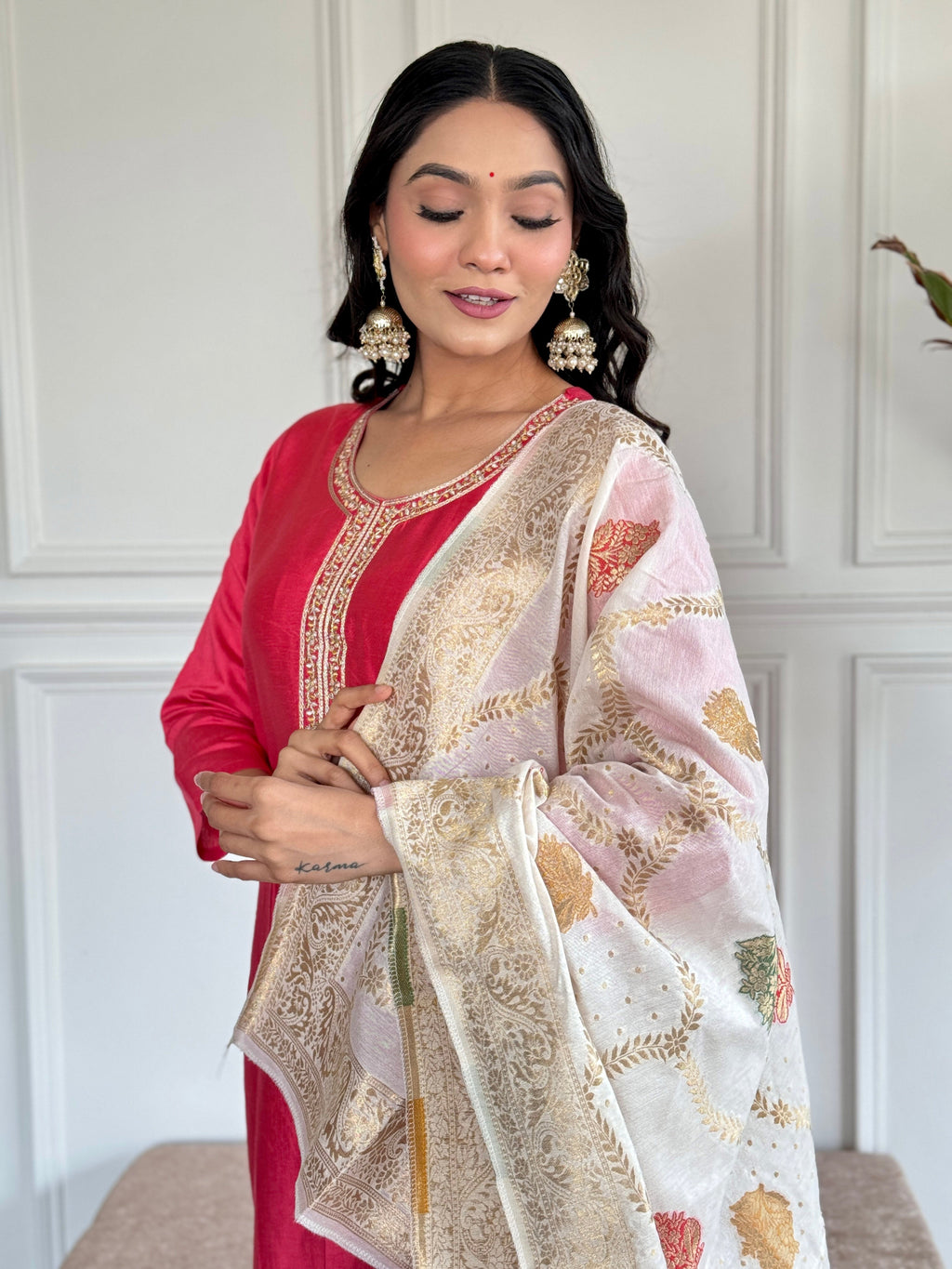 Teeya Creation Pink Colour Viscose Chanderi Embroidery Work Fully Stitched Kurti Set - Distacart