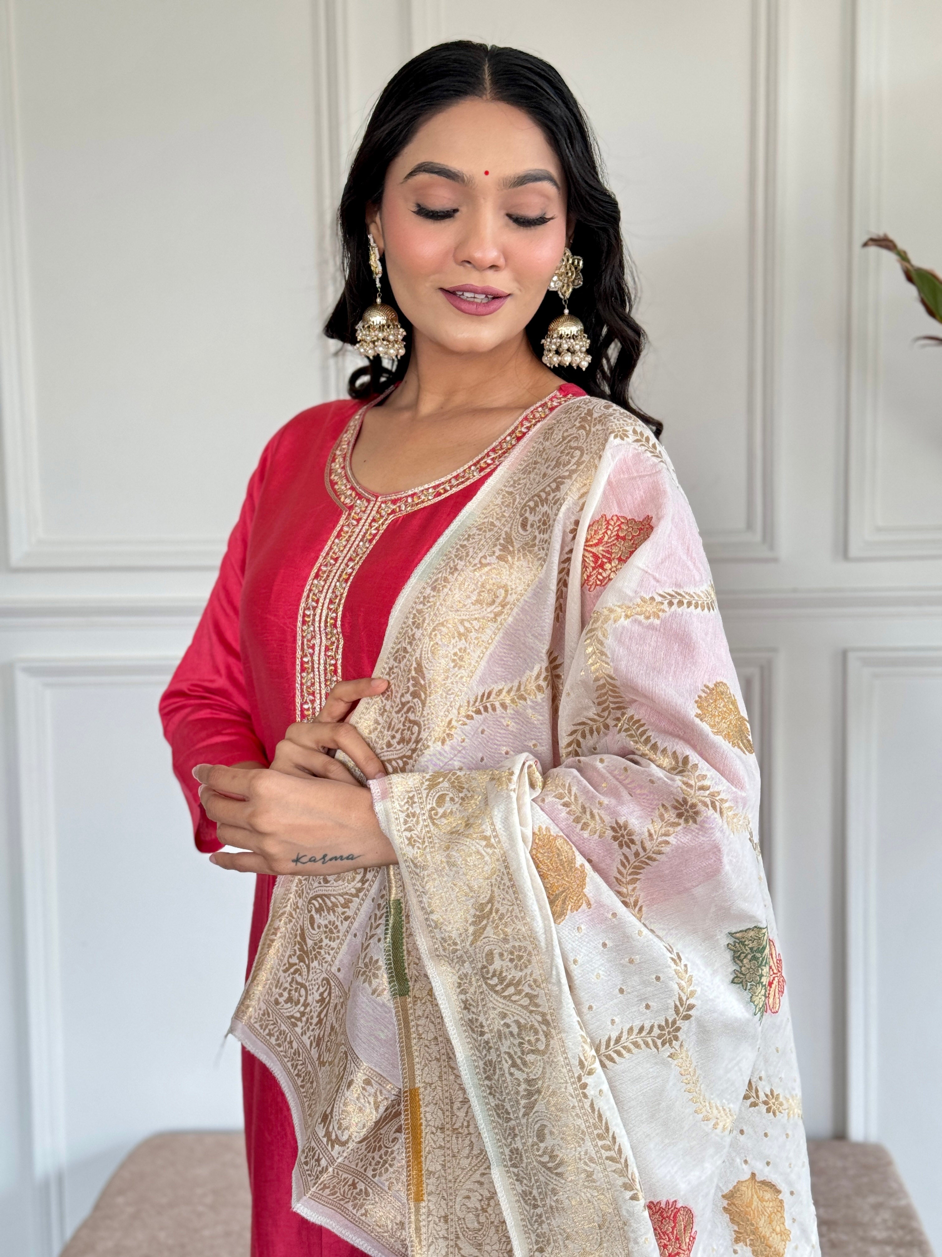 Teeya Creation Pink Colour Viscose Chanderi Embroidery Work Fully Stitched Kurti Set - Distacart