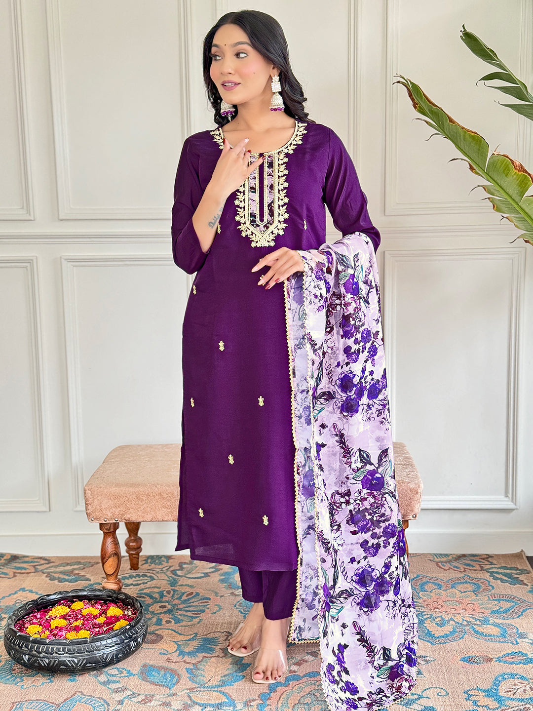 Teeya Creation Purple Colour Viscose Chanderi Embroidery Work Fully Stitched Kurti Set - Distacart