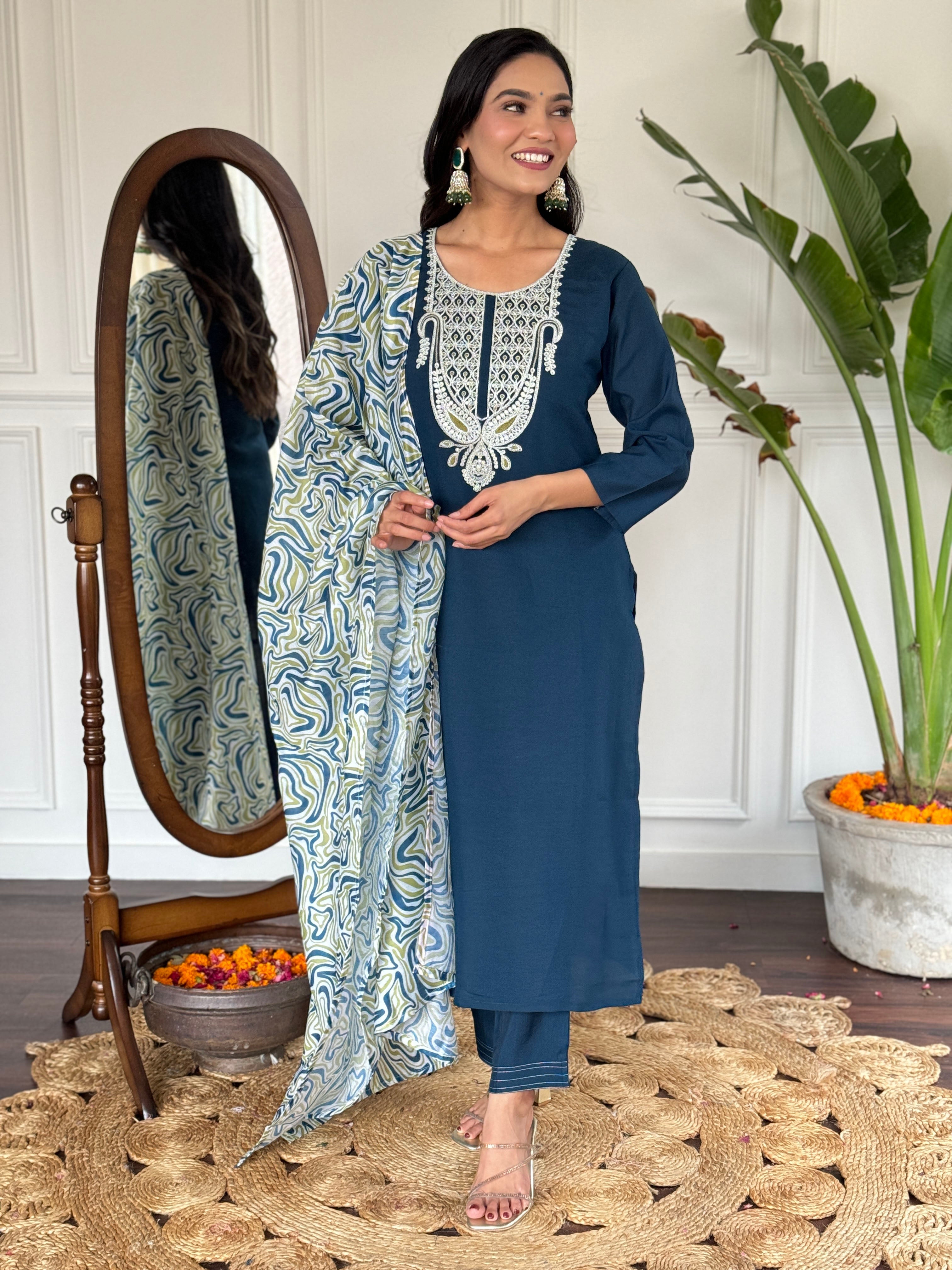 Teeya Creation Blue Colour Viscose Slub Embroidery Work Fully Stitched Kurti Set - Distacart