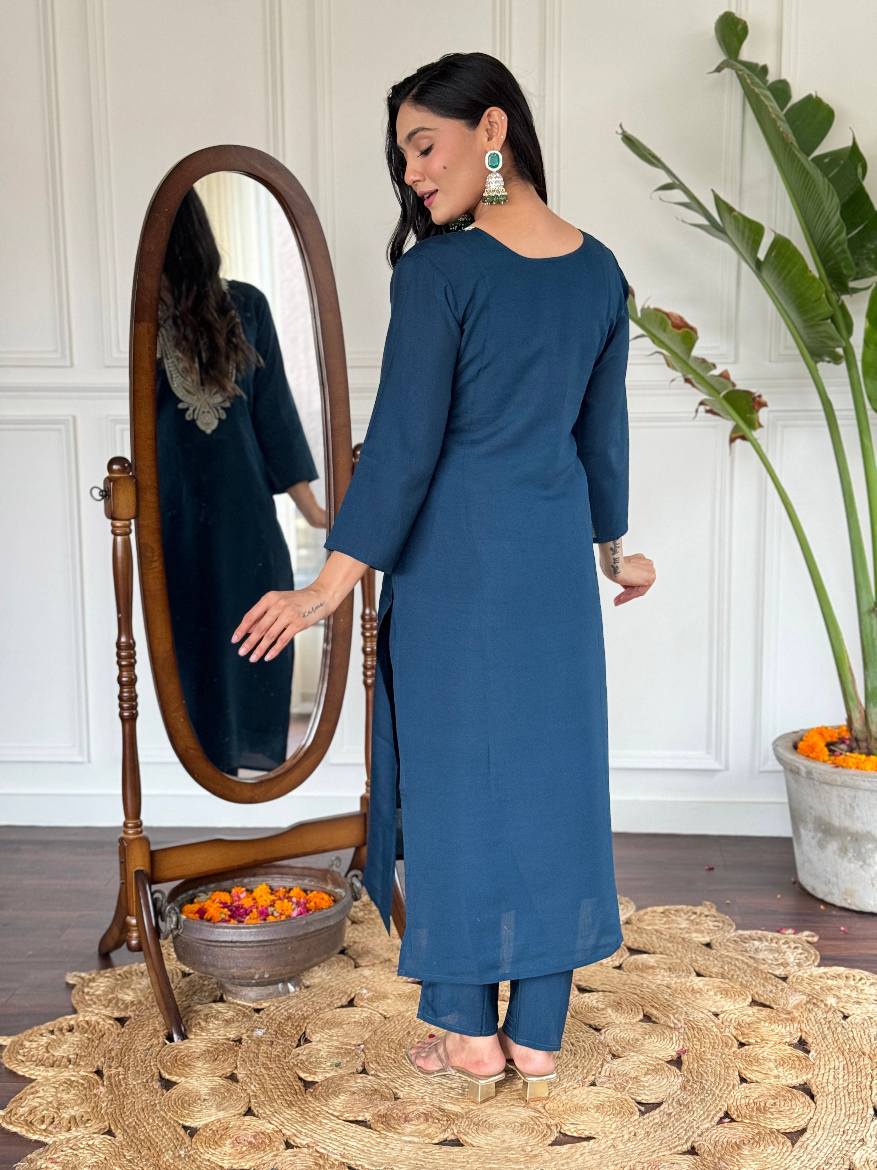 Teeya Creation Blue Colour Viscose Slub Embroidery Work Fully Stitched Kurti Set - Distacart
