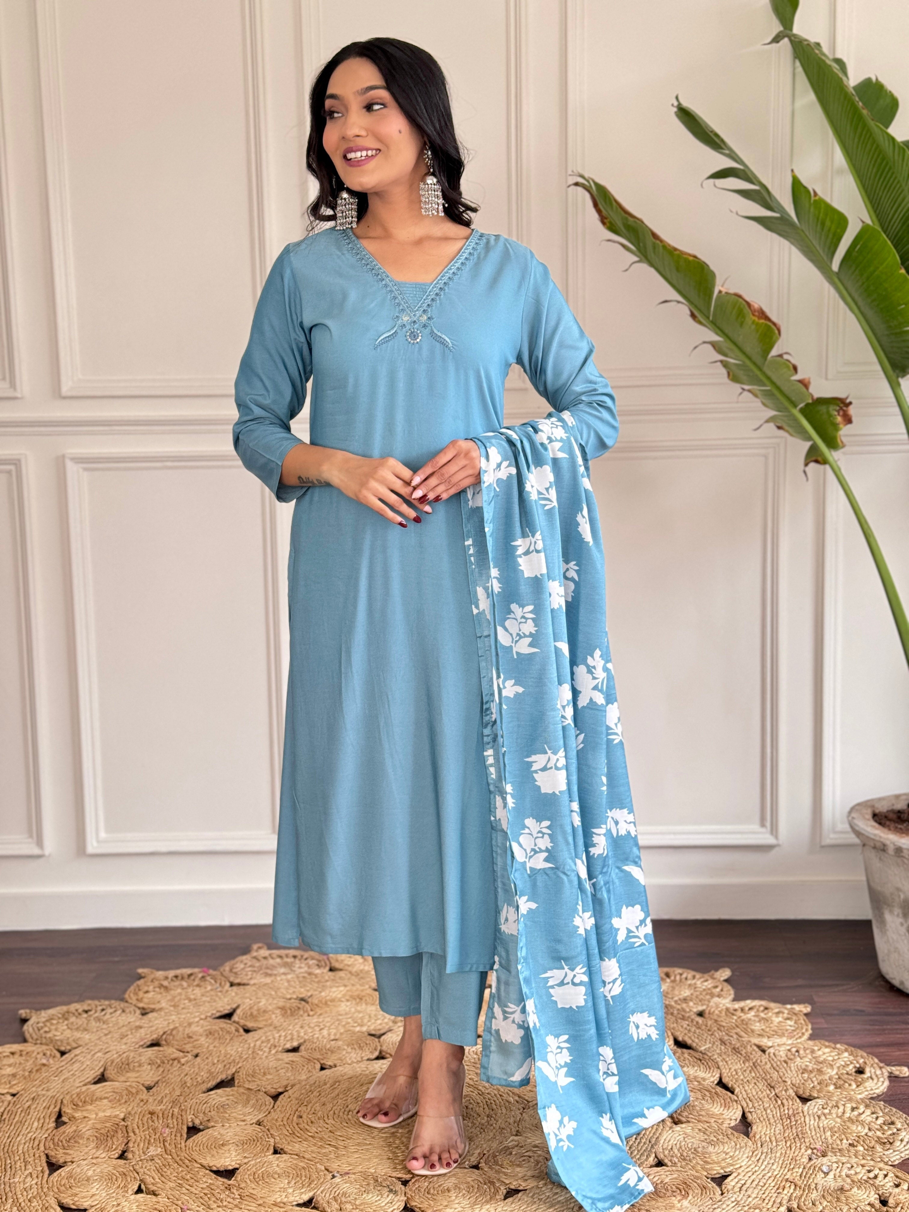 Teeya Creation Grey Colour Viscose Chander Embroidery Work Fully Stitched Kurti Set - Distacart