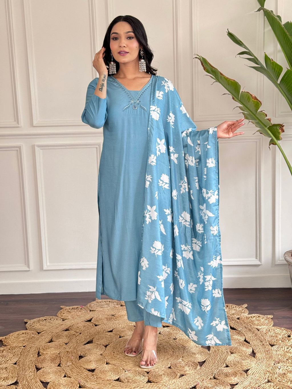Teeya Creation Grey Colour Viscose Chander Embroidery Work Fully Stitched Kurti Set - Distacart