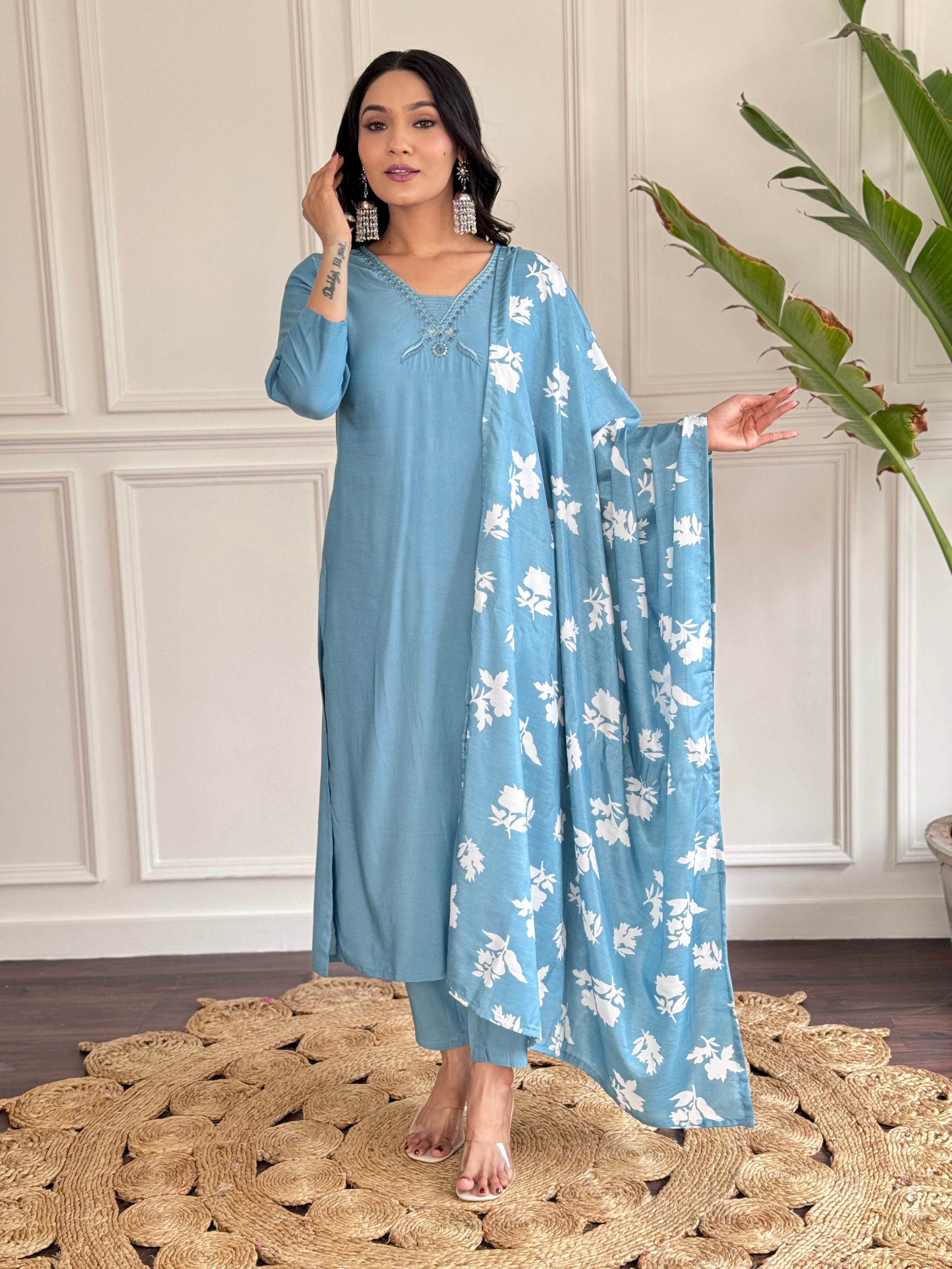 Teeya Creation Grey Colour Viscose Chander Embroidery Work Fully Stitched Kurti Set - Distacart