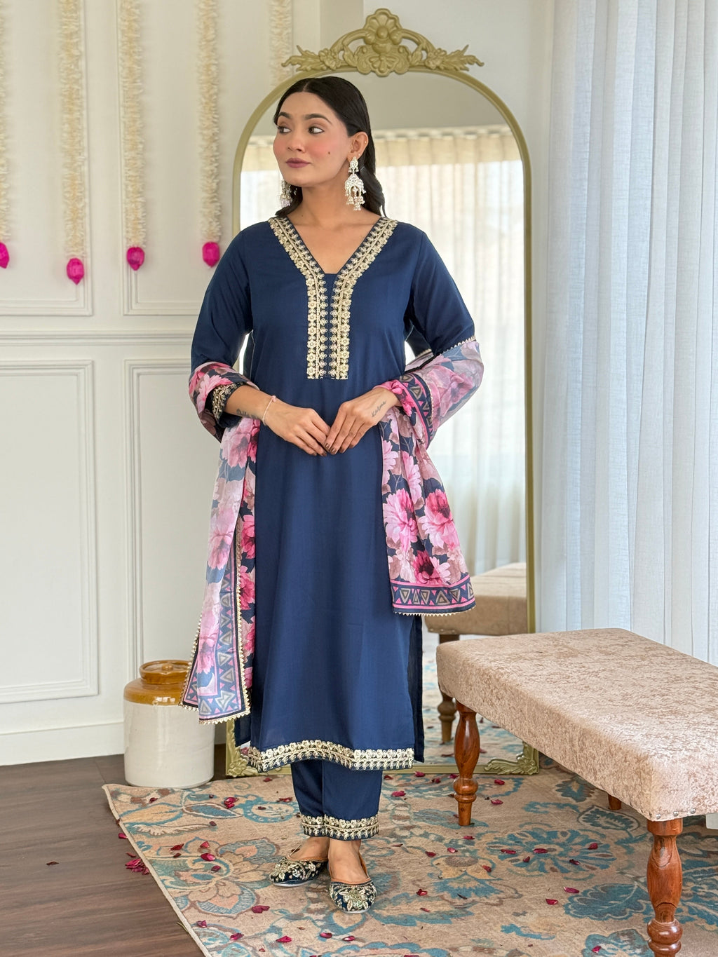Teeya Creation Blue Colour Viscose Slub Embroidery Work Fully Stitched Kurti Set - Distacart