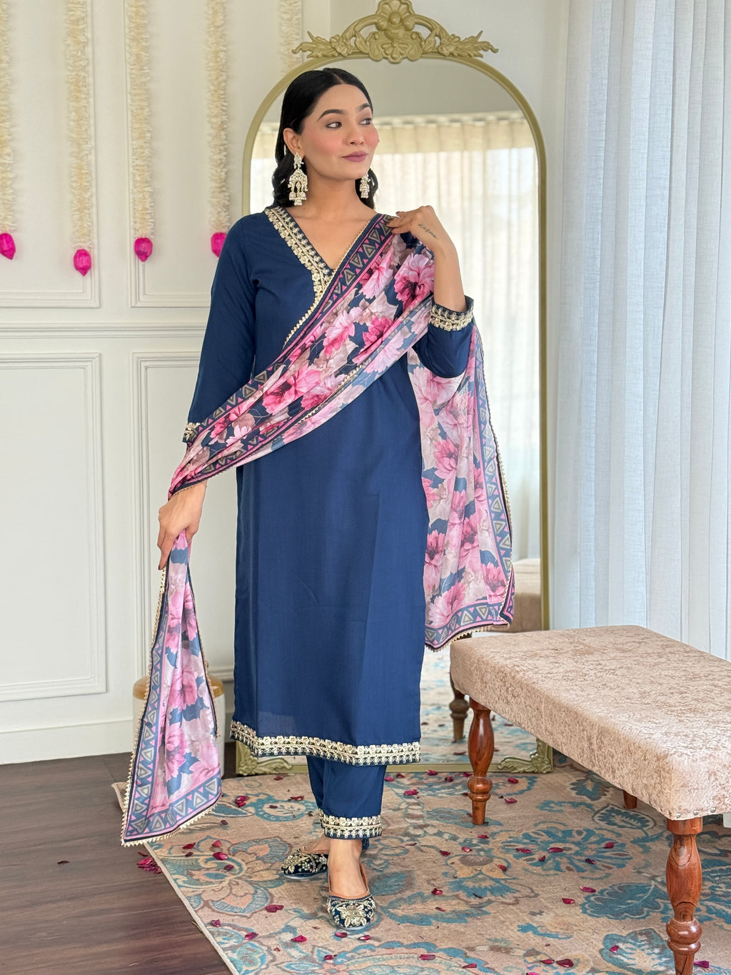Teeya Creation Blue Colour Viscose Slub Embroidery Work Fully Stitched Kurti Set - Distacart