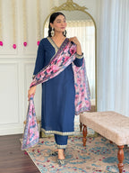 Teeya Creation Blue Colour Viscose Slub Embroidery Work Fully Stitched Kurti Set - Distacart