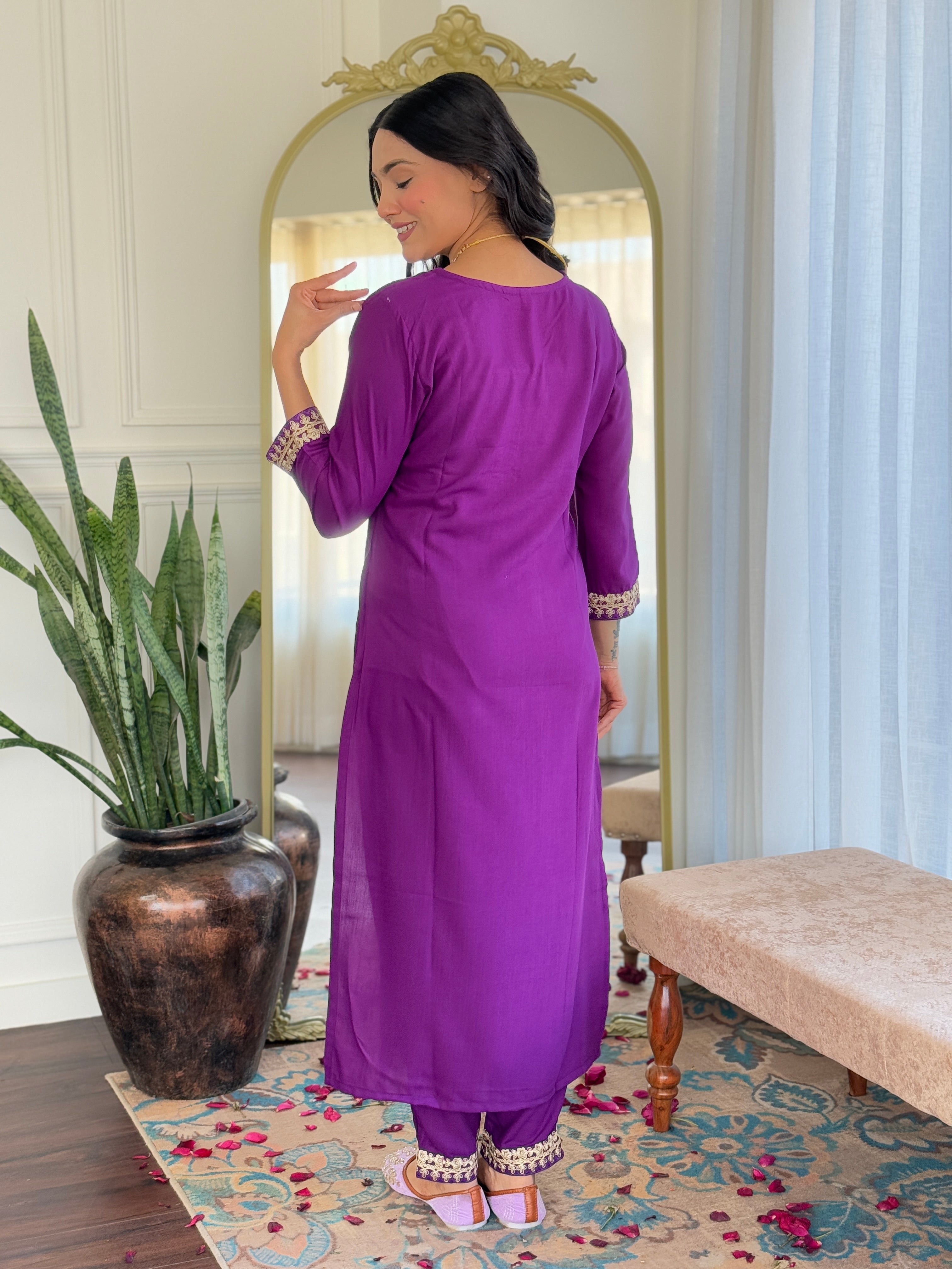Teeya Creation Violet Colour Viscose Slub Embroidery Work Fully Stitched Kurti Set - Distacart