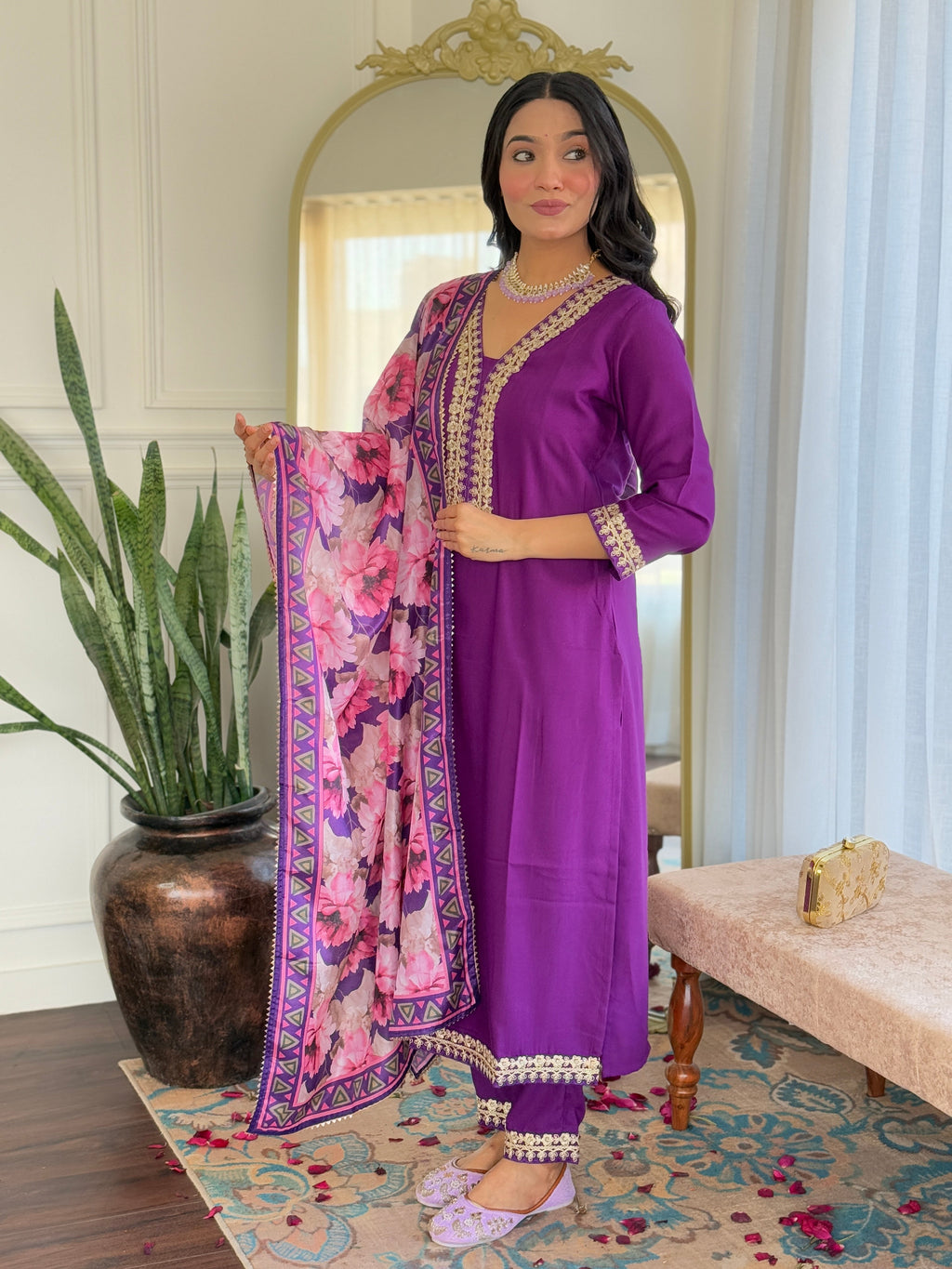 Teeya Creation Violet Colour Viscose Slub Embroidery Work Fully Stitched Kurti Set - Distacart