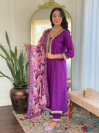 Teeya Creation Violet Colour Viscose Slub Embroidery Work Fully Stitched Kurti Set - Distacart