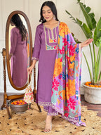 Teeya Creation Light Purple Colour Viscose Slub Embroidery Work Fully Stitched Kurti Set - Distacart