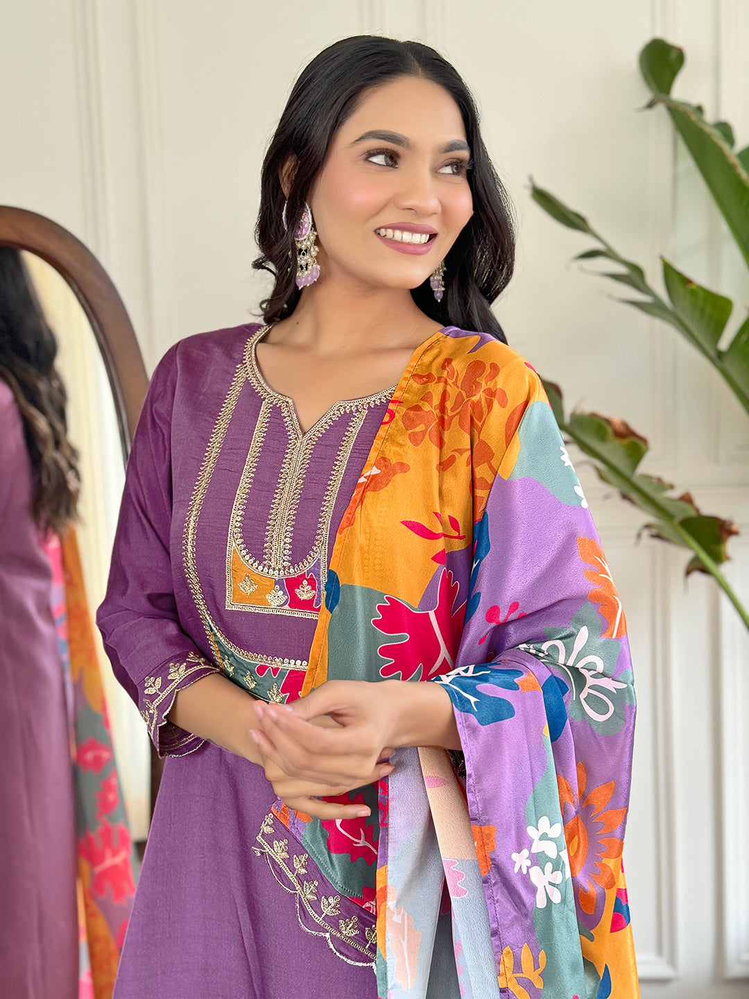 Teeya Creation Light Purple Colour Viscose Slub Embroidery Work Fully Stitched Kurti Set - Distacart