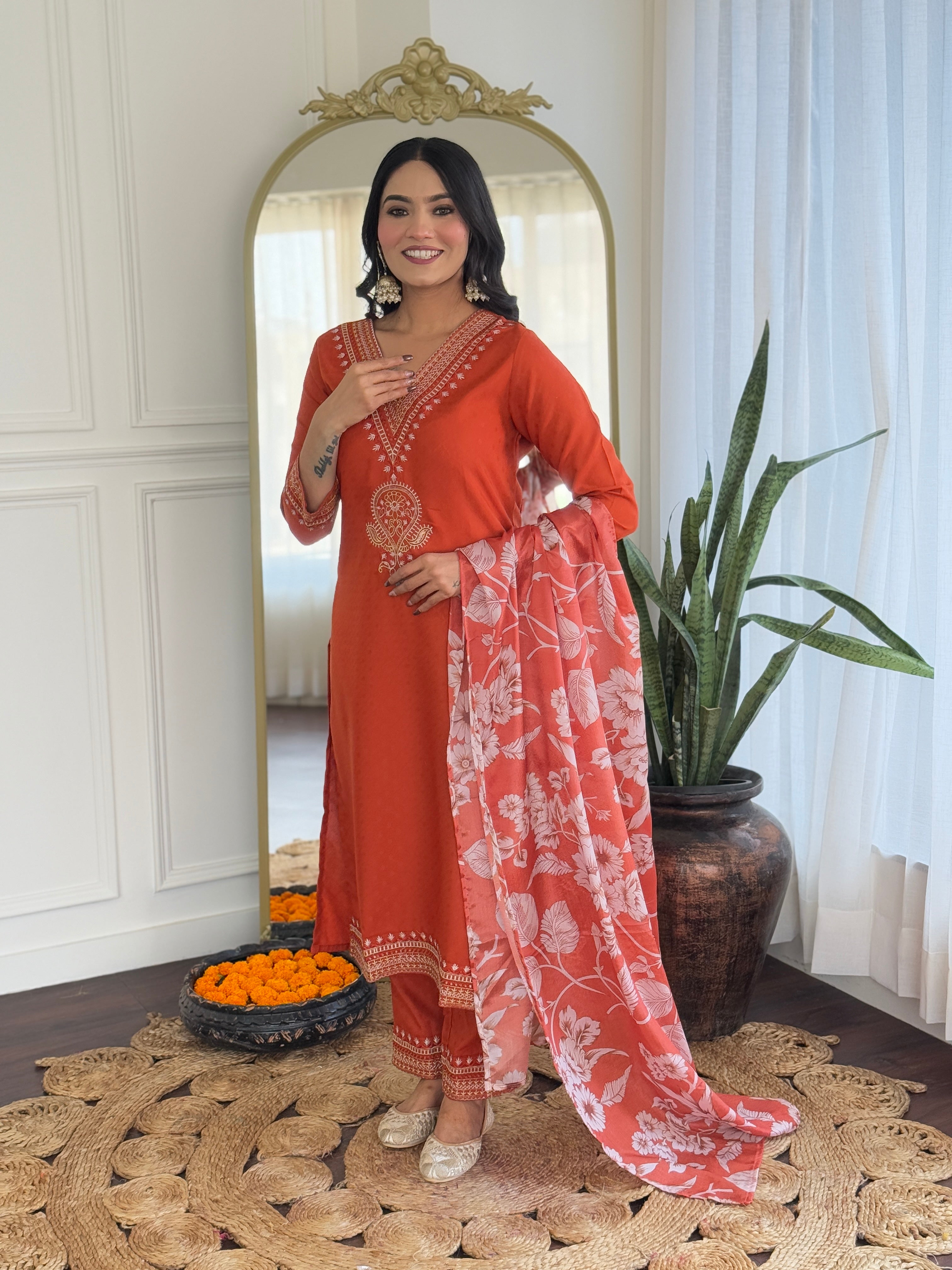 Teeya Creation Orange Color Viscose Rayon Embroidery Work Fully Stitched Kurti Set - Distacart