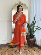 Teeya Creation Orange Color Viscose Rayon Embroidery Work Fully Stitched Kurti Set - Distacart