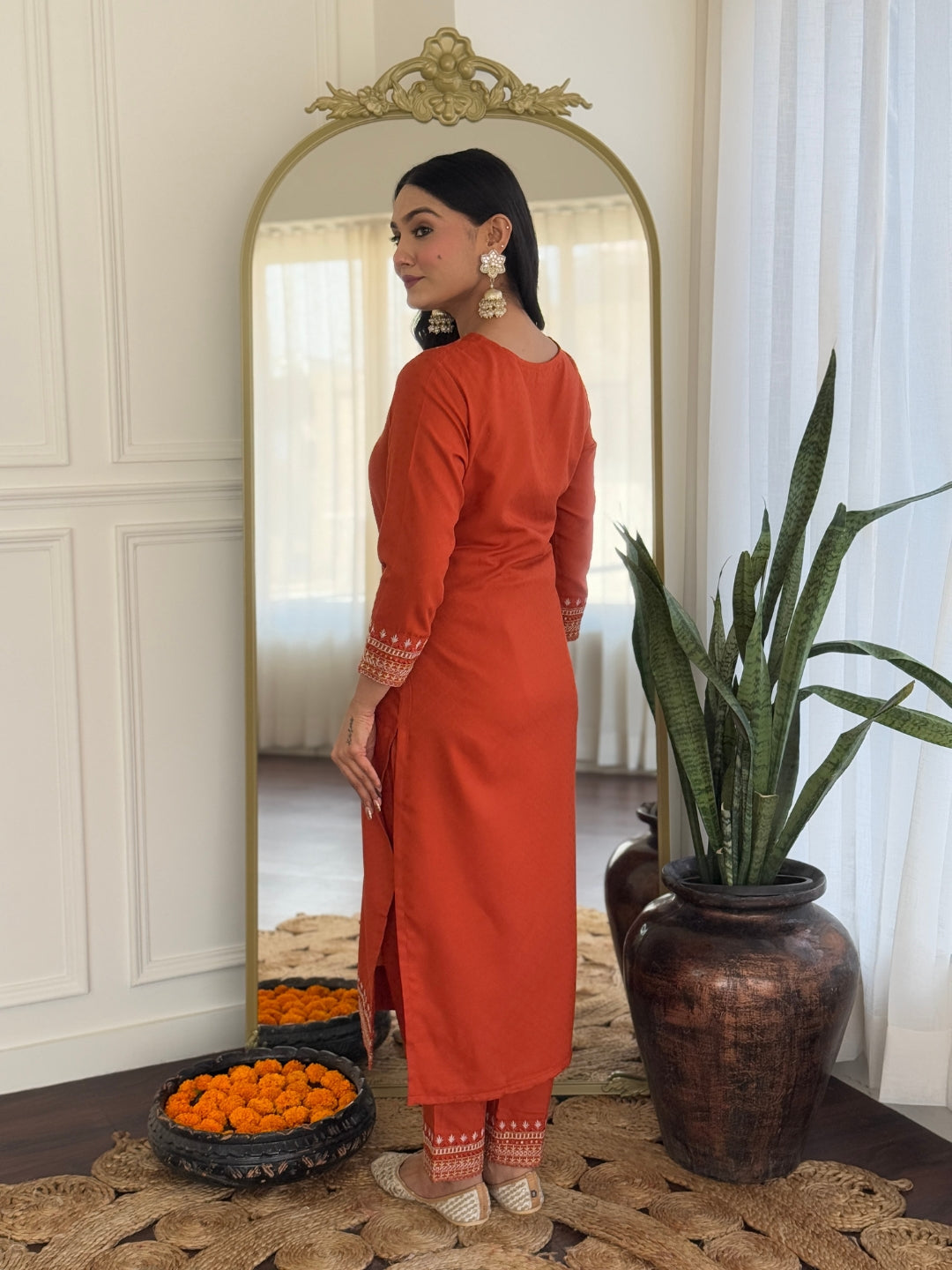 Teeya Creation Orange Color Viscose Rayon Embroidery Work Fully Stitched Kurti Set - Distacart