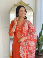 Teeya Creation Orange Color Viscose Rayon Embroidery Work Fully Stitched Kurti Set - Distacart