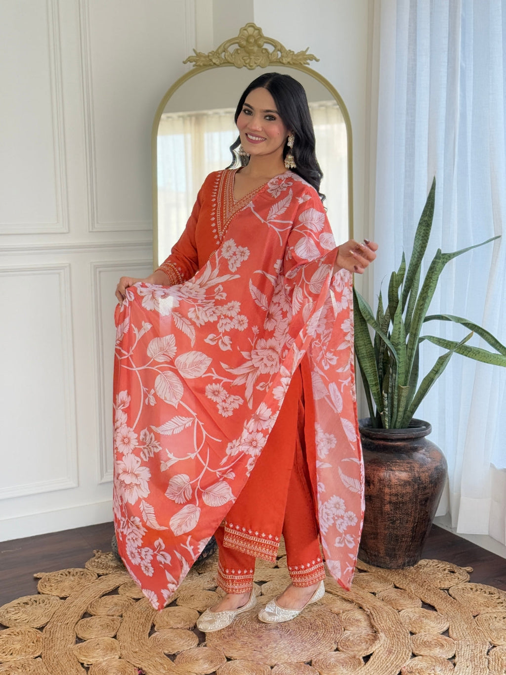 Teeya Creation Orange Color Viscose Rayon Embroidery Work Fully Stitched Kurti Set - Distacart