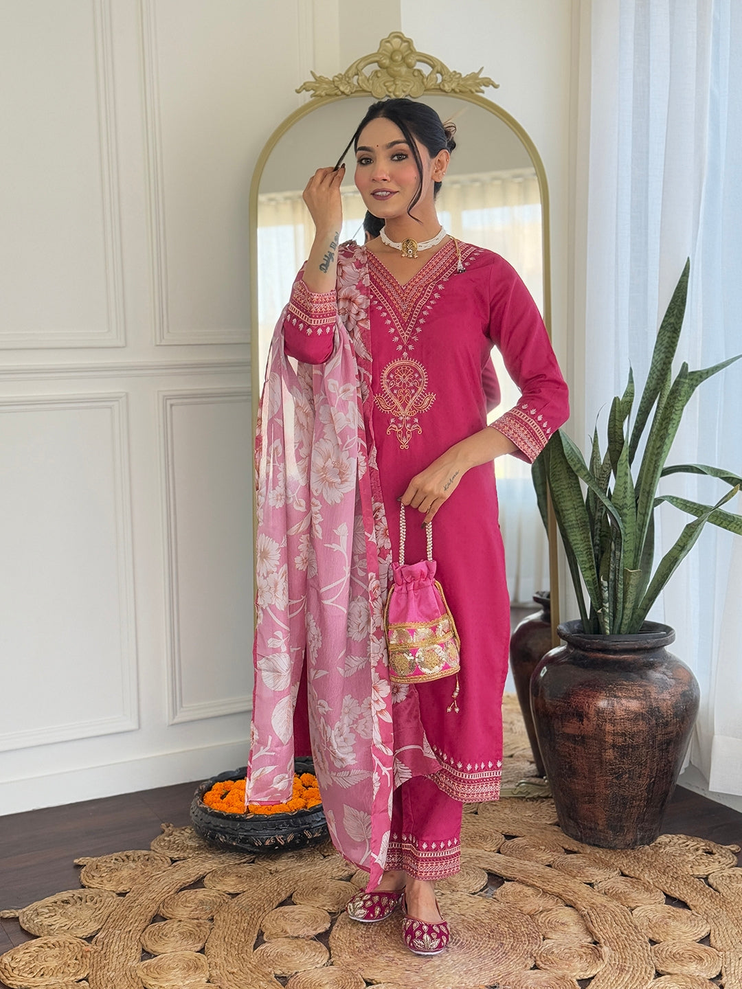 Teeya Creation Rani Color Viscose Rayon Embroidery Work Fully Stitched Kurti Set - Distacart