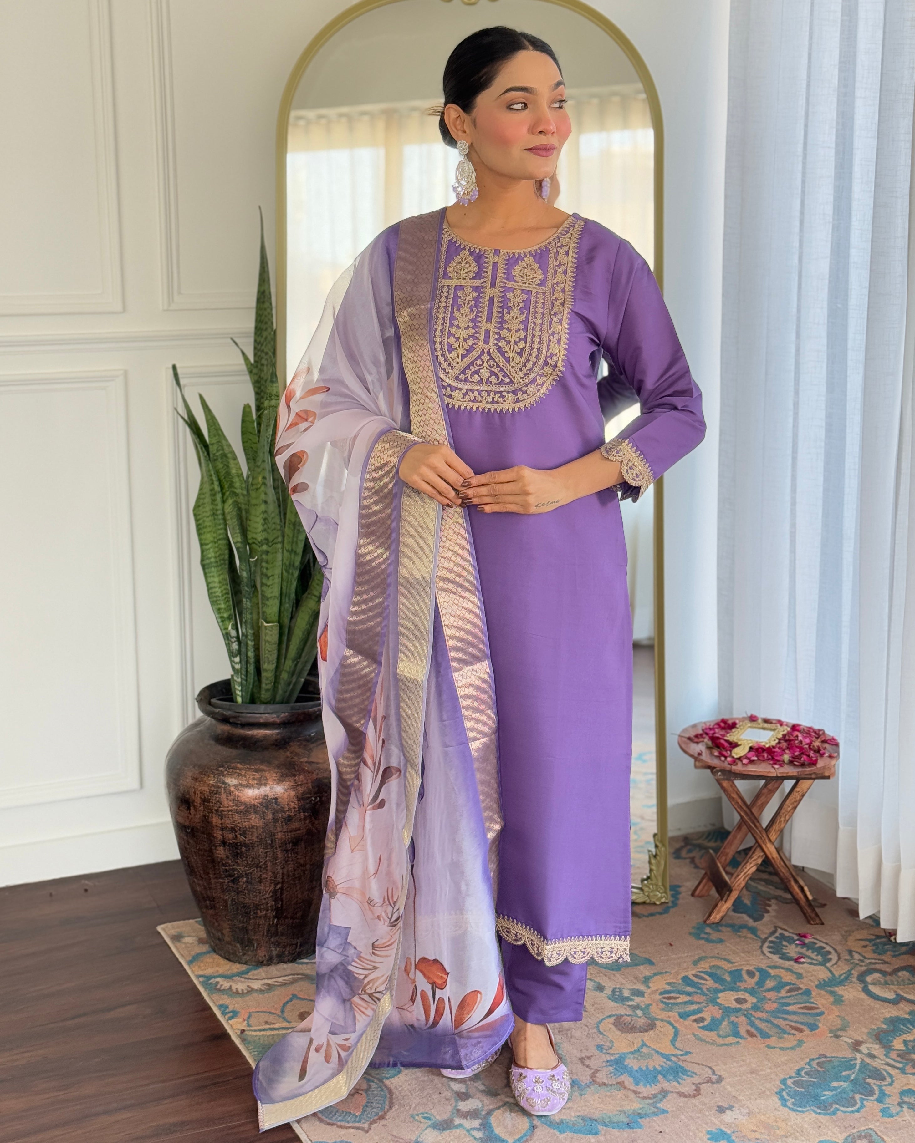 Teeya Creation Lavender Color Viscose Rayon Embroidery Work Fully Stitched Kurti Set - Distacart
