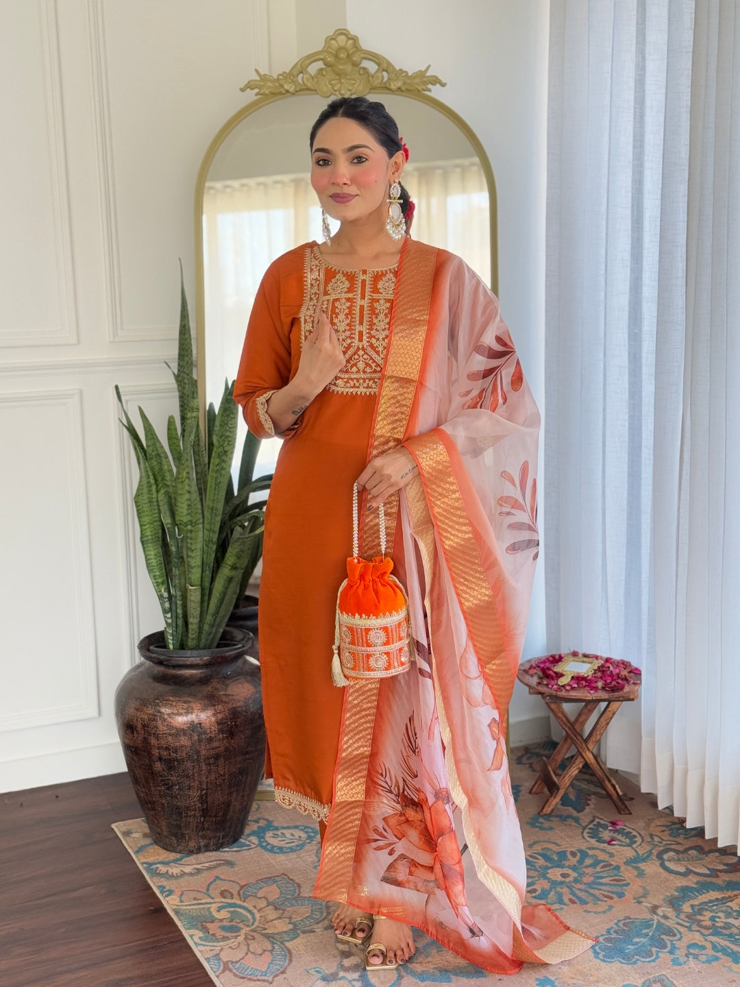 Teeya Creation Orange Color Viscose Rayon Embroidery Work Fully Stitched Kurti Set - Distacart