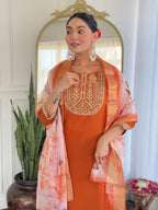Teeya Creation Orange Color Viscose Rayon Embroidery Work Fully Stitched Kurti Set - Distacart