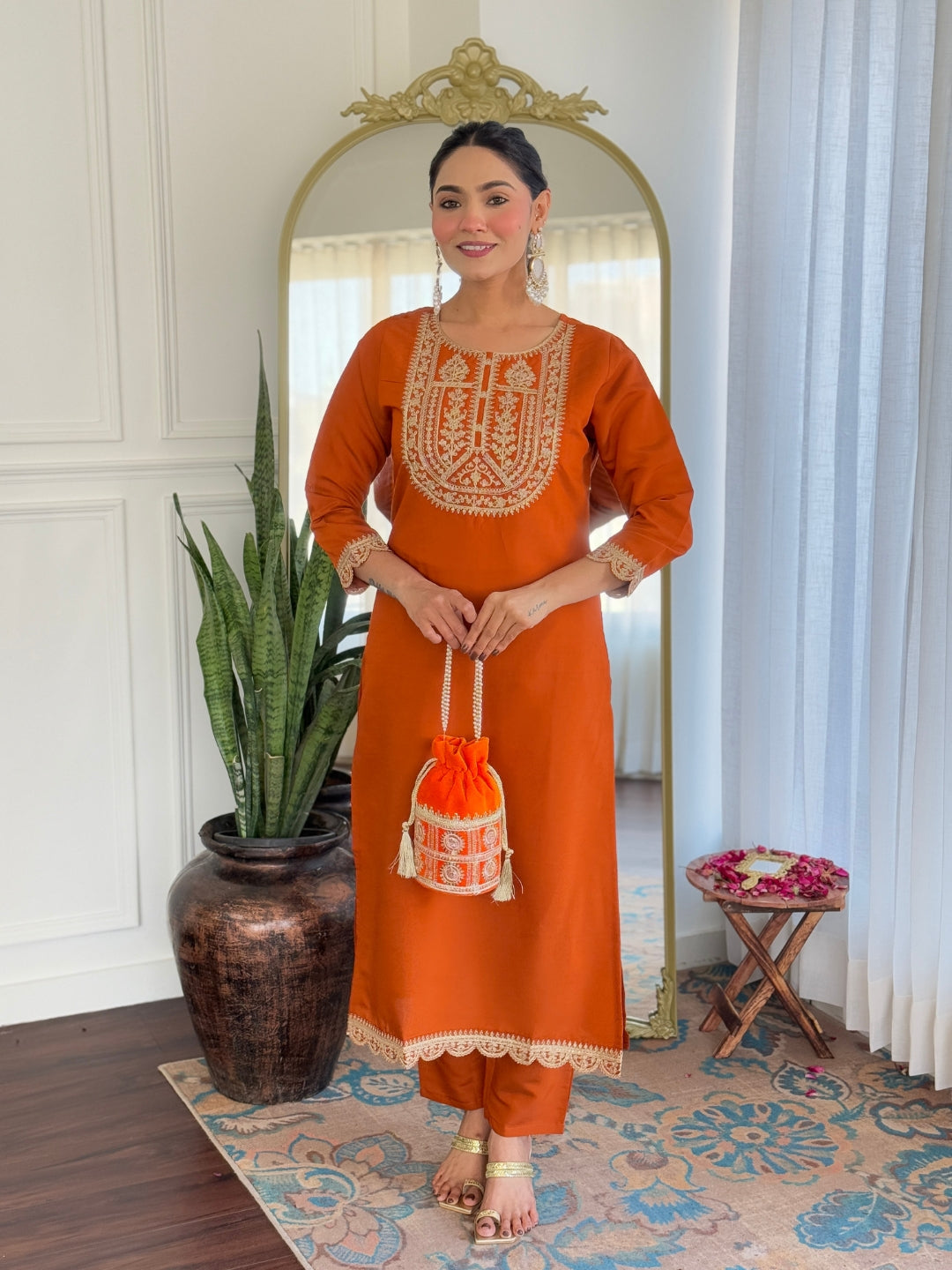 Teeya Creation Orange Color Viscose Rayon Embroidery Work Fully Stitched Kurti Set - Distacart