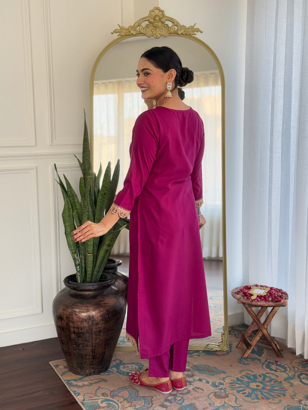Teeya Creation Wine Color Viscose Rayon Embroidery Work Fully Stitched Kurti Set - Distacart