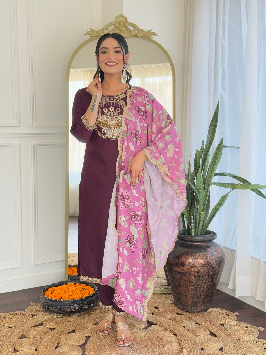 Teeya Creation Wine Color Viscose Rayon Embroidery Work Fully Stitched Kurti Set - Distacart