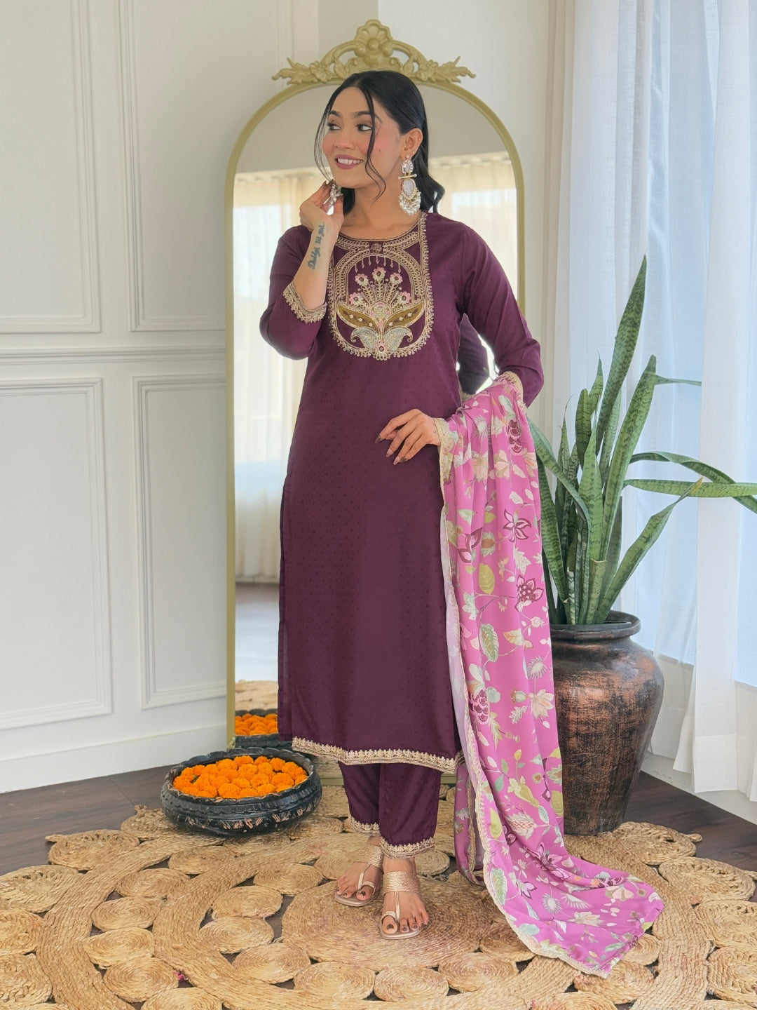 Teeya Creation Wine Color Viscose Rayon Embroidery Work Fully Stitched Kurti Set - Distacart