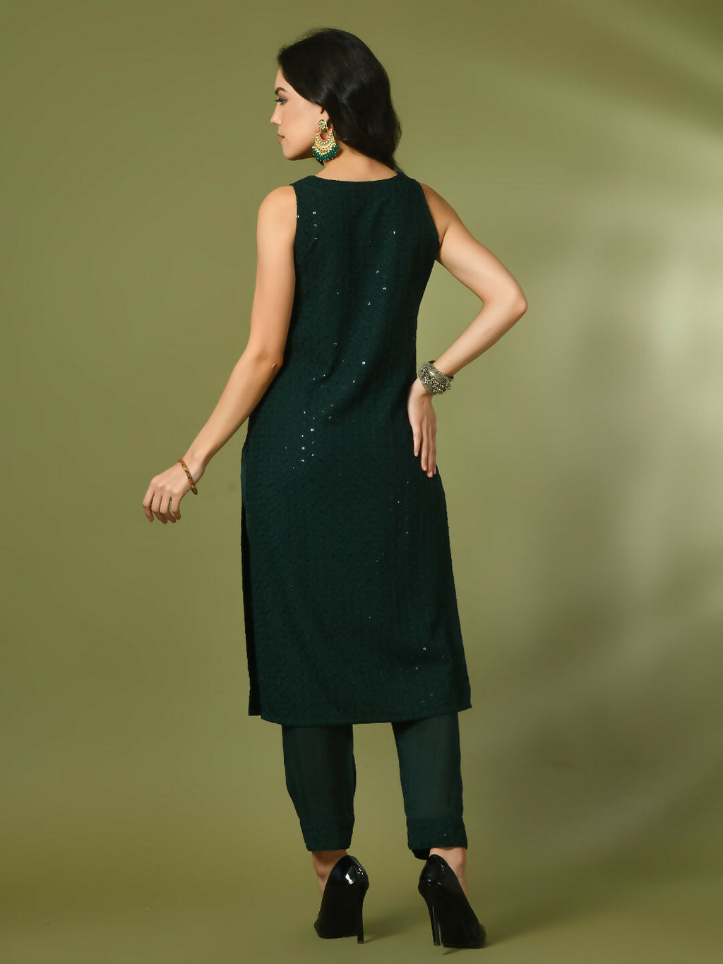 Myshka Women's Green Embroidered Cotton Straight Party Kurta Set
