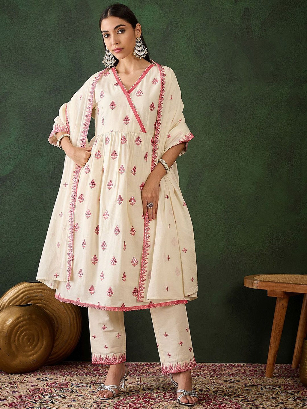 Sangria Off White Floral Embroidered Pure Cotton Mirror Work Kurta & Trouser With Dupatta