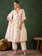 Sangria Off White Floral Embroidered Pure Cotton Mirror Work Kurta & Trouser With Dupatta