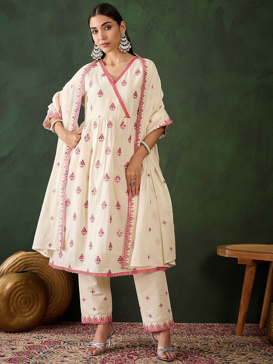 Sangria Off White Floral Embroidered Pure Cotton Mirror Work Kurta & Trouser With Dupatta