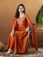 The52 Orange Women's Beautiful Vichitra Silk Fabric Embroidered Work Flared Anarkali Pant and Dupatta Set - Distacart