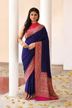 Joban Fashion Navy Blue Crepe Chiffon Pure Handloom Banarasi Silk Saree