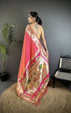 Joban Fashion Rose Pink Peacock & Floral Motifs Soft Lichi Silk Kanchipuram Saree - Distacart
