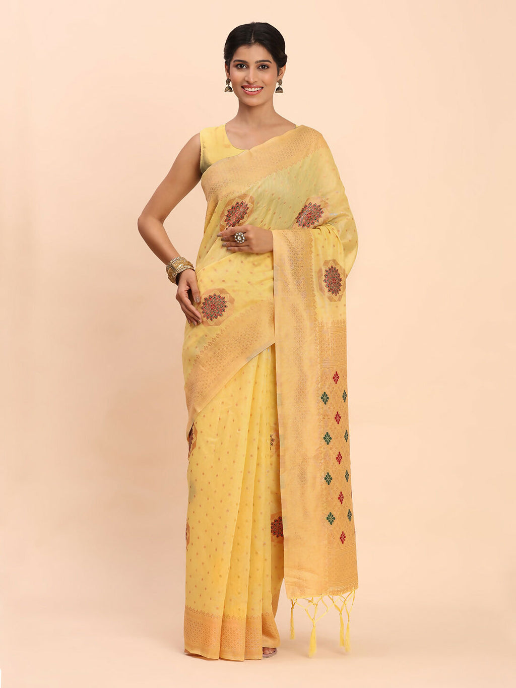 Shree Shyam Fashion Linen Cotton Yellow Saree - Distacart