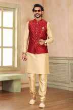 Raivat Ethnic Jacquard Banarasi Silk Woven Work 3 Pics Jacket Set In Maroon Colour - Distacart