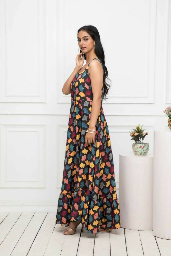 Myshka Women Black Floral Rayon A-Line Round Neck Dress - Distacart
