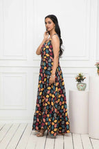 Myshka Women Black Floral Rayon A-Line Round Neck Dress - Distacart