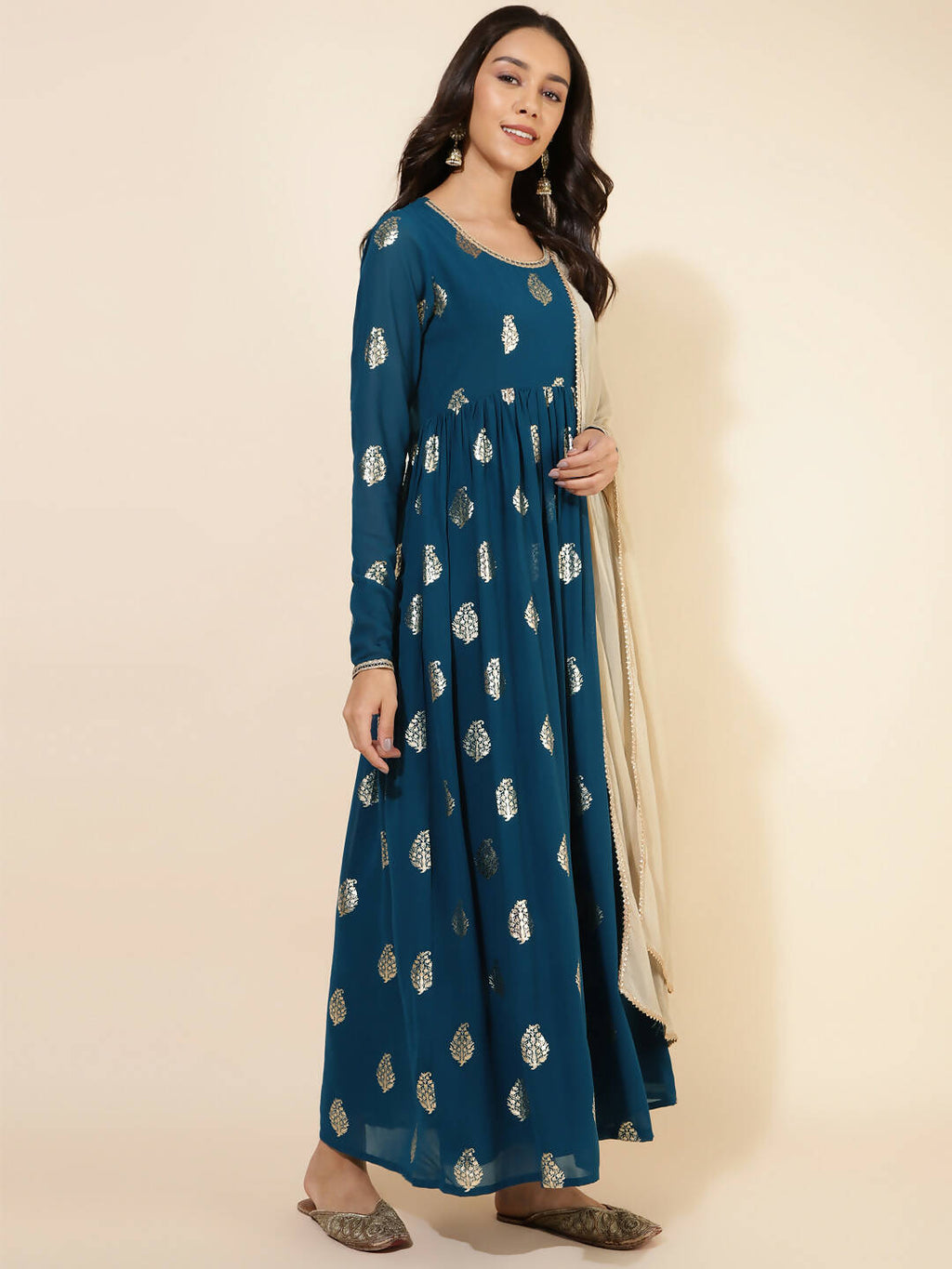 Janasya Women's Teal Blue Georgette Foil Printed Festive Flared Kurta Set