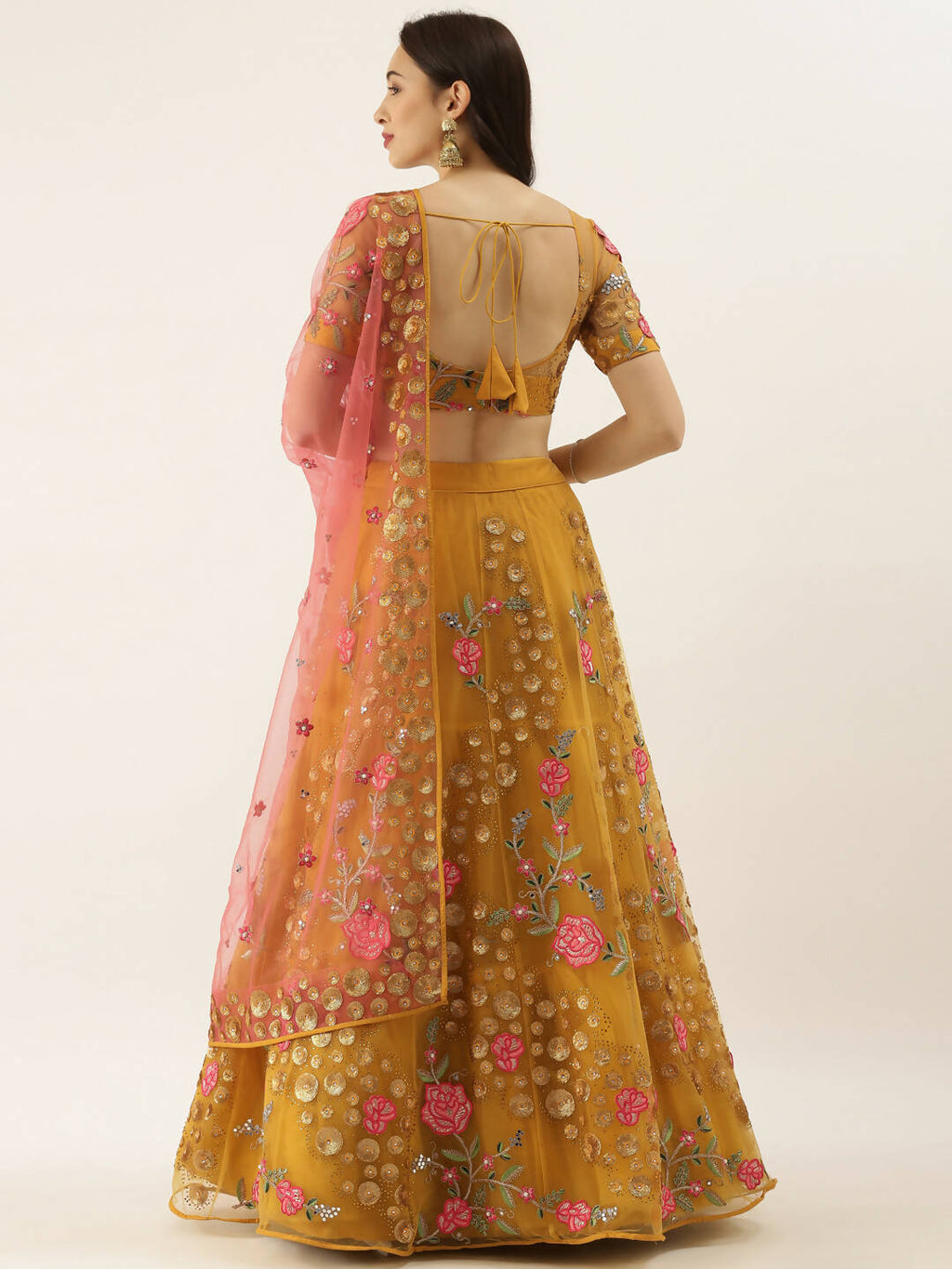 House of Panchhi Mustard Net Semi stitched Coding, Sequins & Saroski Stone Work Lehenga Choli